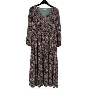 Emily Wonder Dark Floral Maxi Dress 2X V-Neck Tiered Feminine Boho Stretch